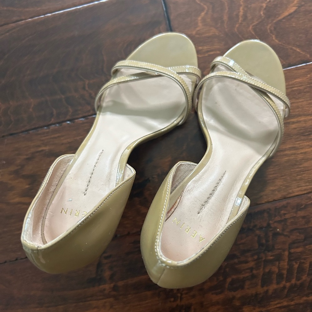 Aerin tan patent leather strappy heels.